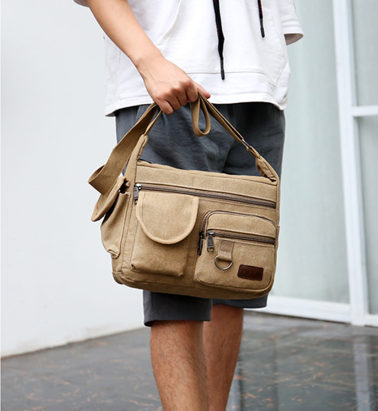 【男士出行必備】新款帆布男士單肩包 超大容量 多層斜挎 實用又高端